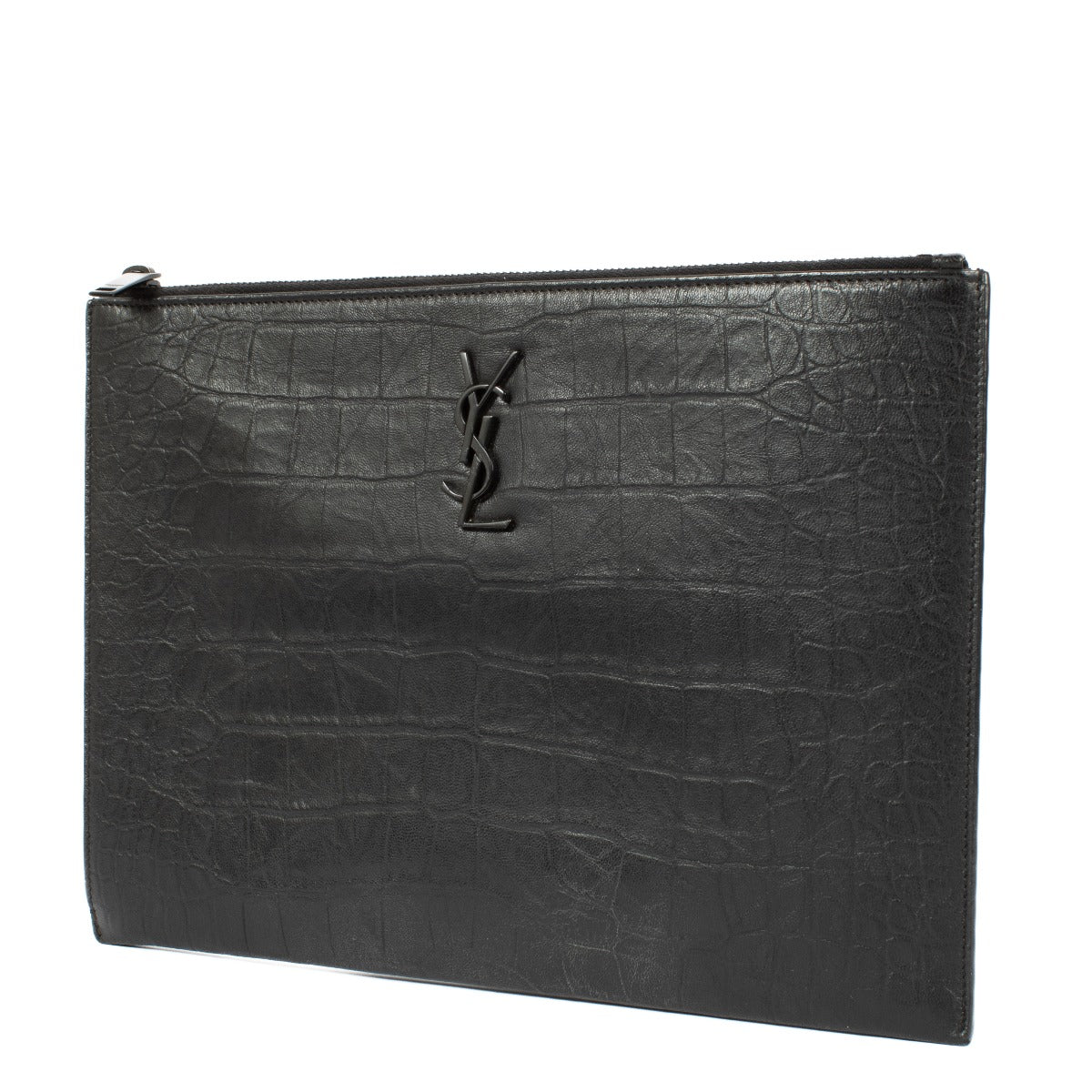 Pochette monogrammée Saint Laurent So Black en cuir embossé croco