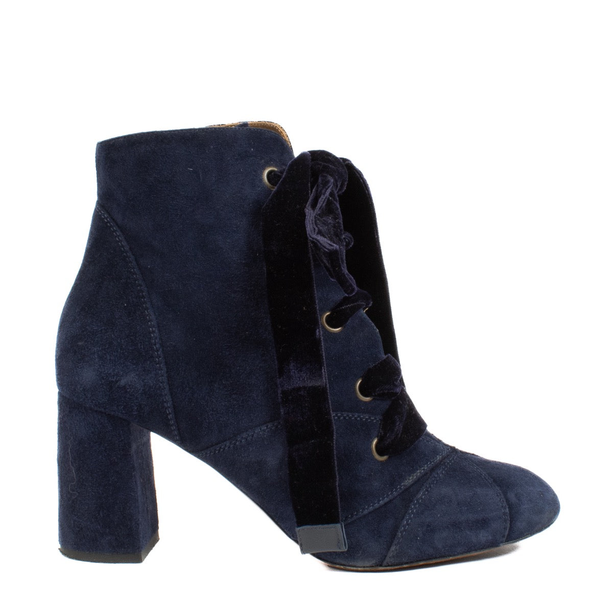 shop 100% authentic second hand Chloé Blue Velvet Lace Up Ankle Boots - Size 38 1/2 on Labellov.com