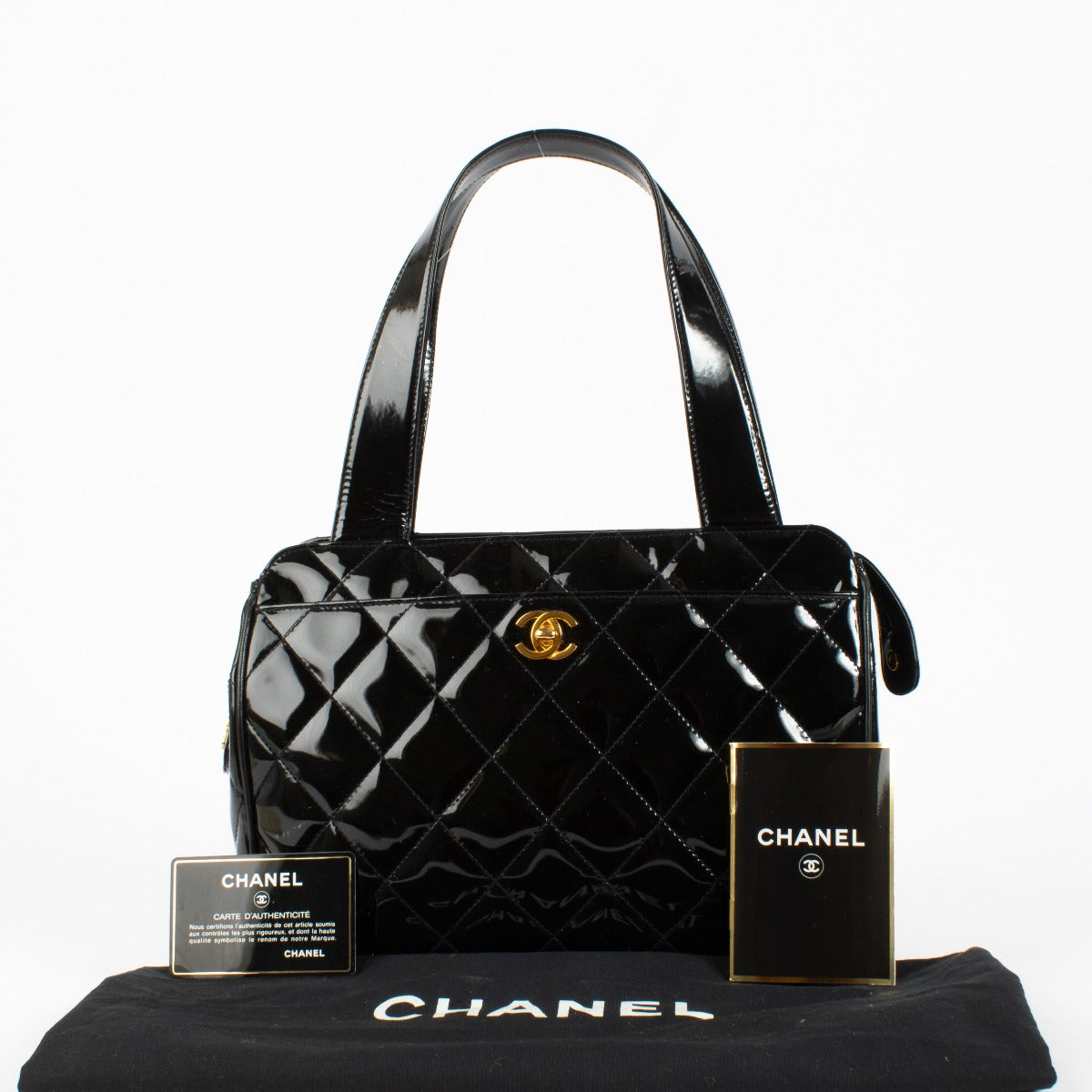 Chanel Vintage Zwart Doorgestikte Lakleren Tote Tas
