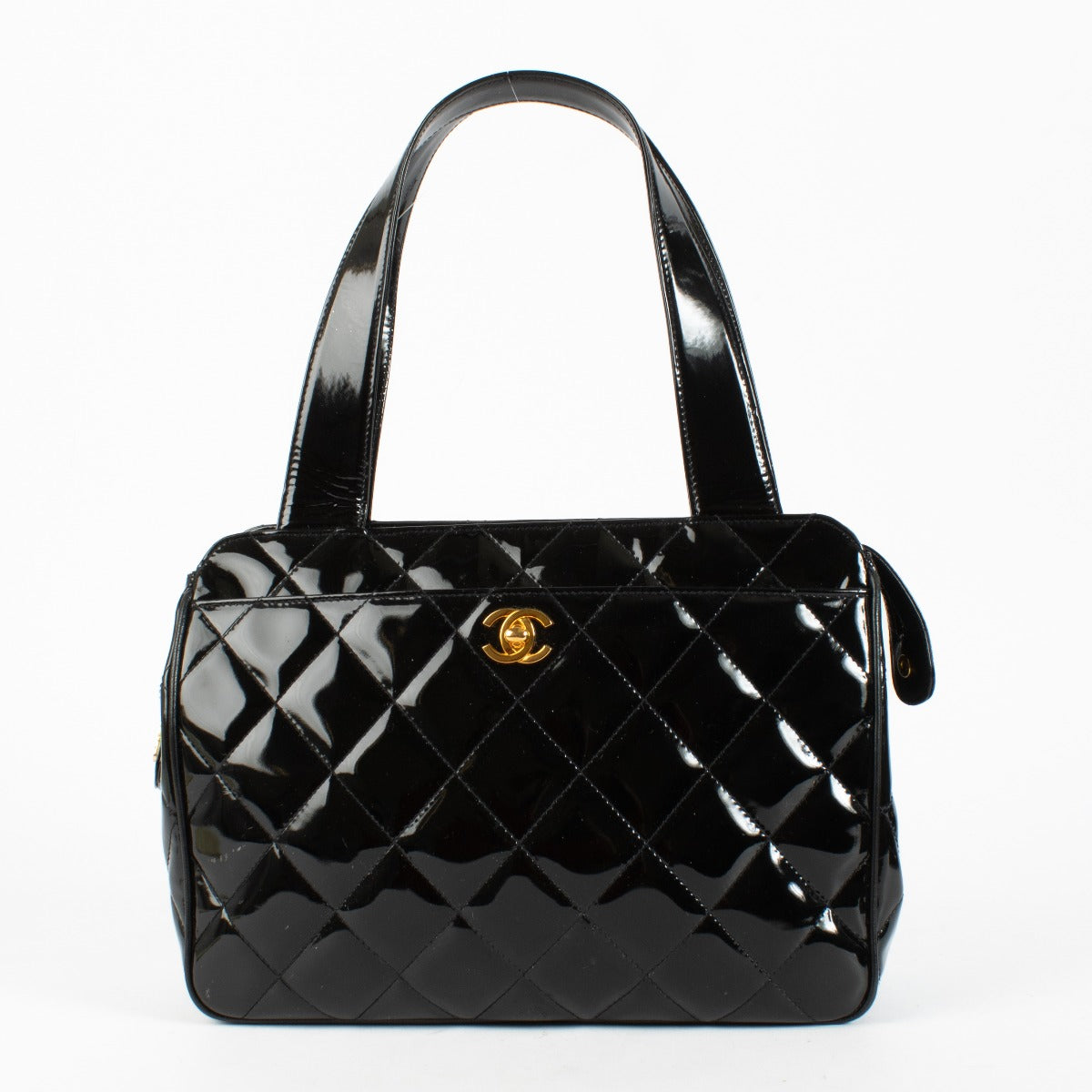 Chanel Vintage Zwart Doorgestikte Lakleren Tote Tas