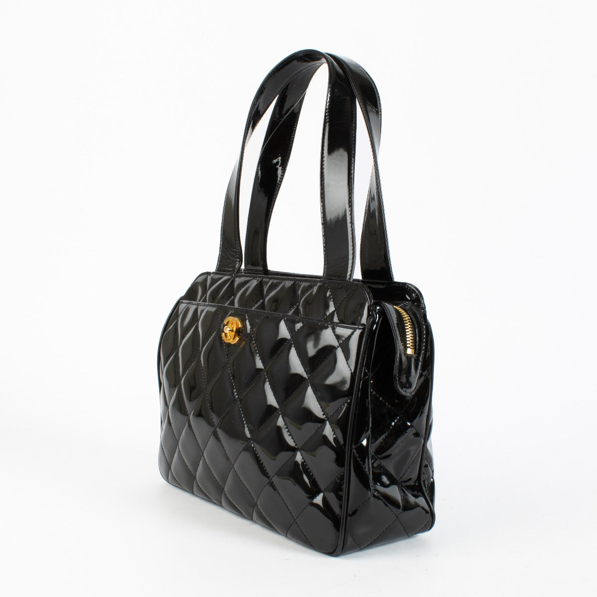 Chanel Vintage Zwart Doorgestikte Lakleren Tote Tas