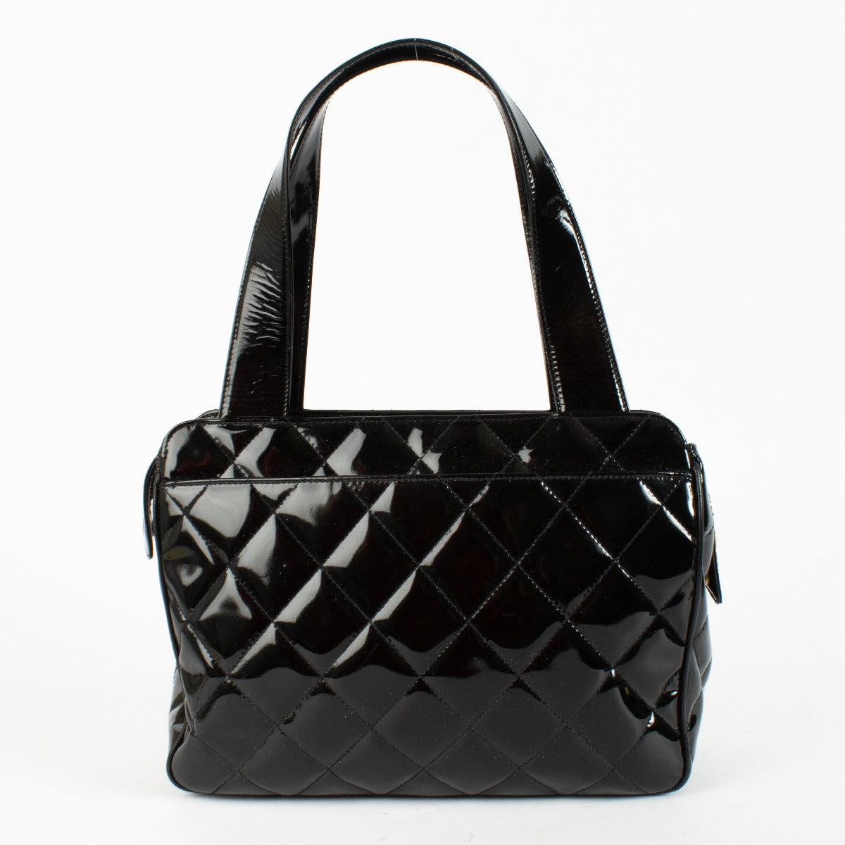 Chanel Vintage Zwart Doorgestikte Lakleren Tote Tas