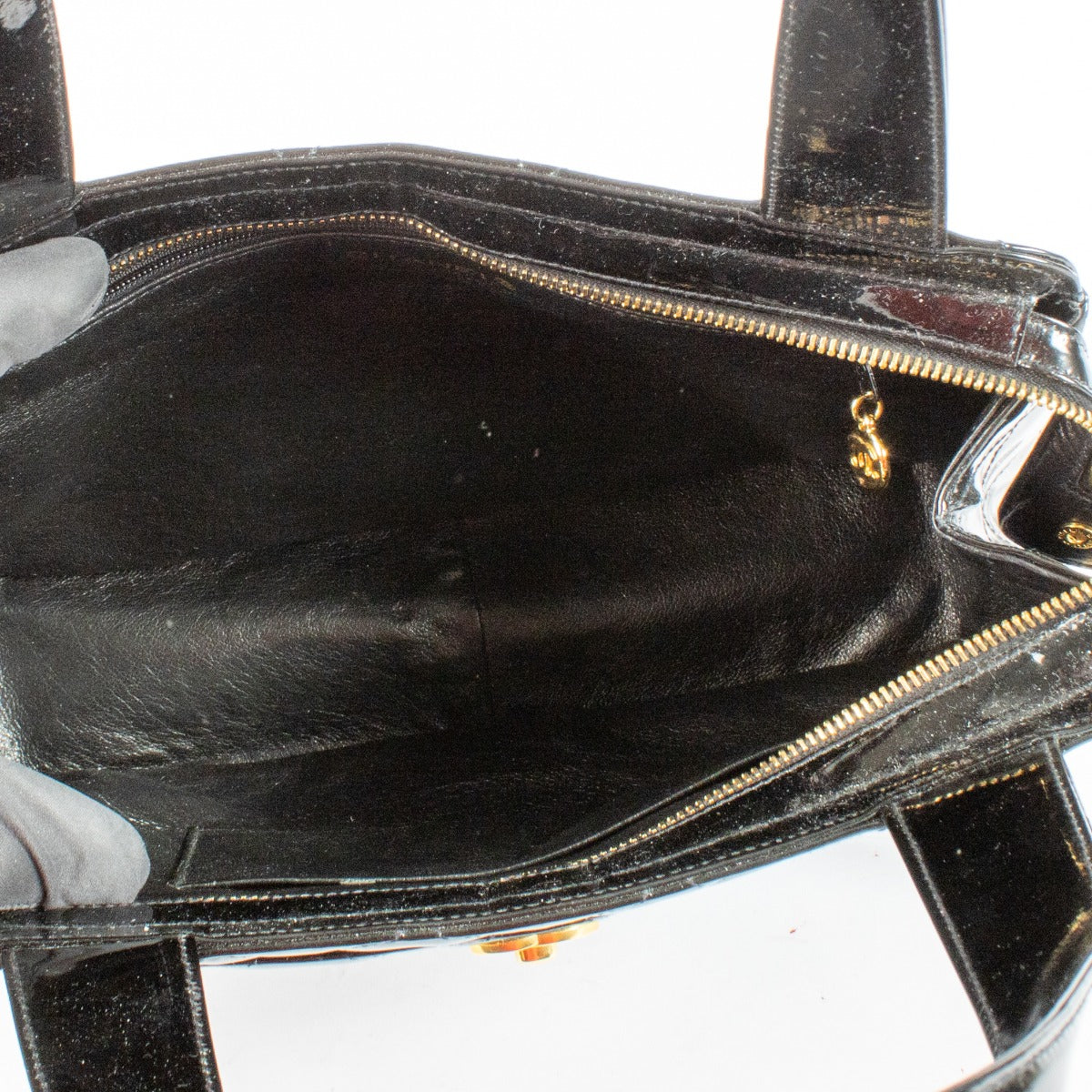 Chanel Vintage Zwart Doorgestikte Lakleren Tote Tas