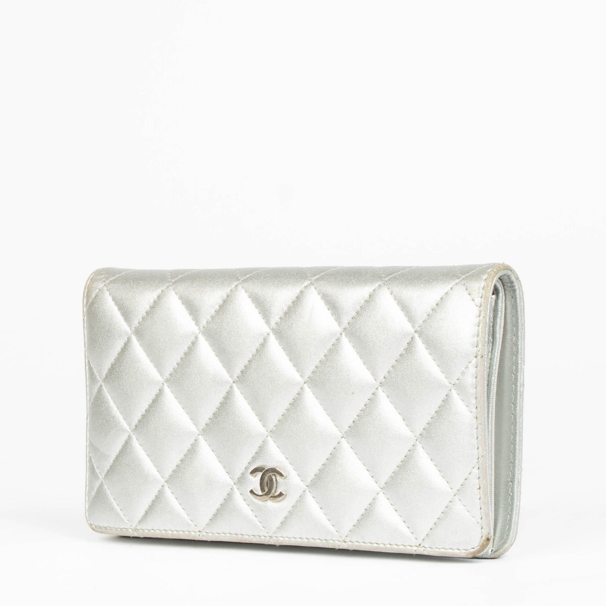 Shop this 100% authentic Chanel Silver Lambskin Quilted Long Wallet at labellov.com