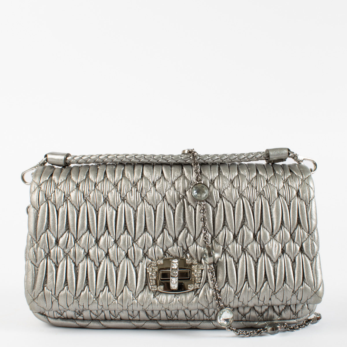 Miu Miu Zilveren Nappaleren Miu Crystal Cloqué Tas