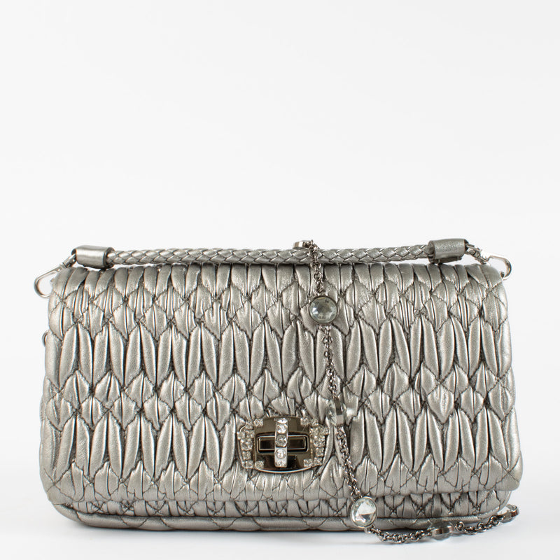 Miu Miu Silver Nappa Leather Miu Crystal Cloqué Bag