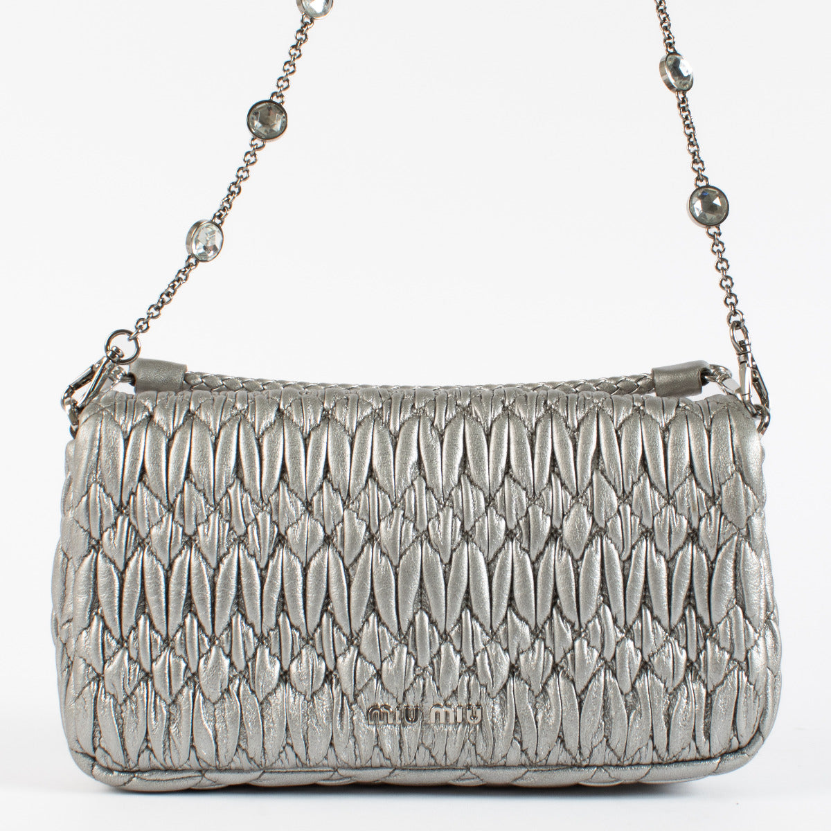 Miu Miu Zilveren Nappaleren Miu Crystal Cloqué Tas