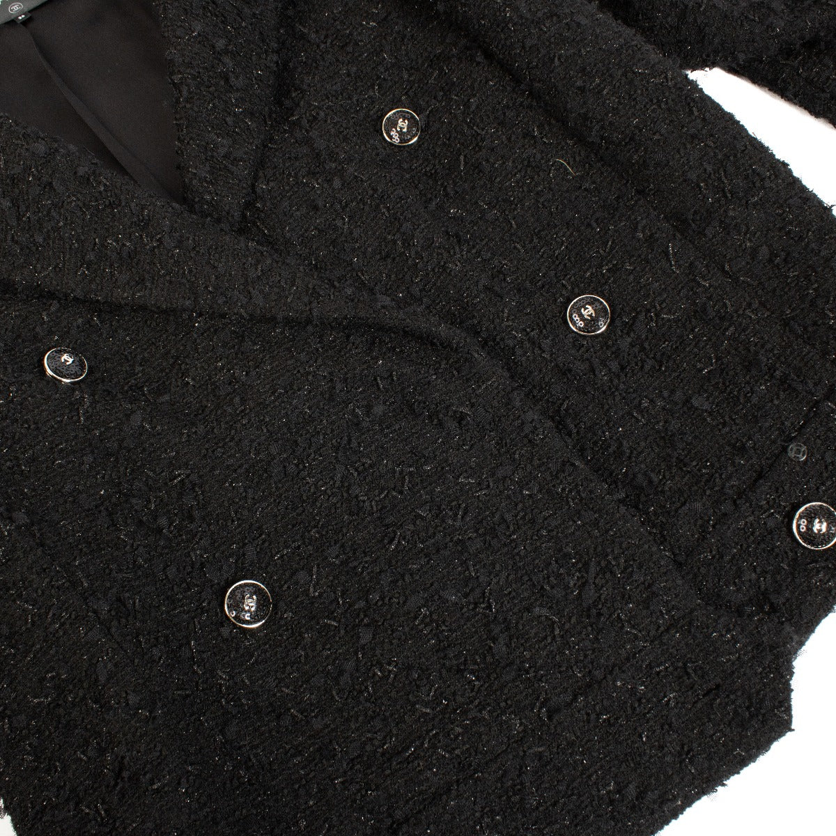 Chanel 21A Zwart Glanzend Tweed Jasje - Maat FR36