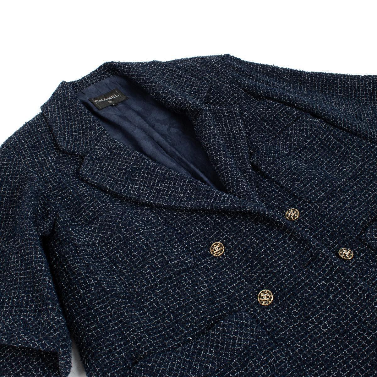 Chanel 22S Blue Cotton Tweed Coat - Size FR36