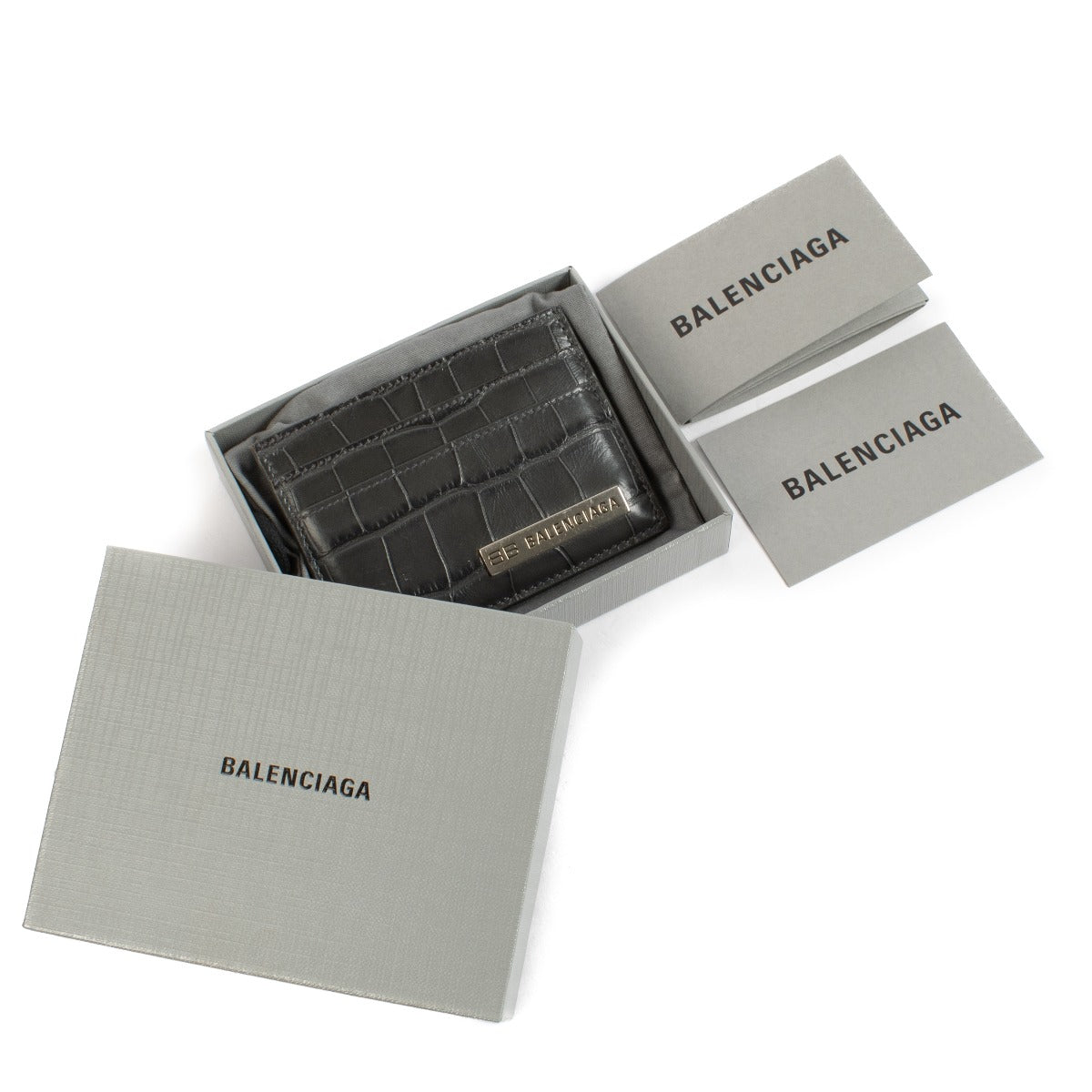 Balenciaga Grey Crocodile Embossed Logo Plate Card Holder