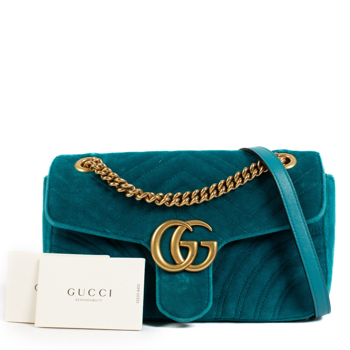 Gucci Pavone Cyan Velvet Small Marmont Shoulder Bag