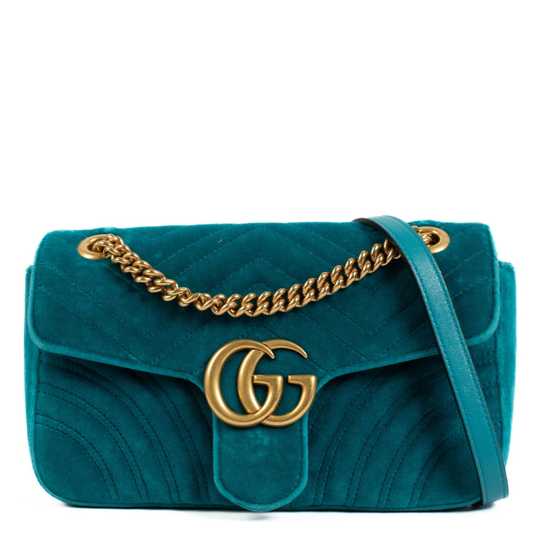 Gucci Pavone Cyan Velvet Small Marmont Shoulder Bag