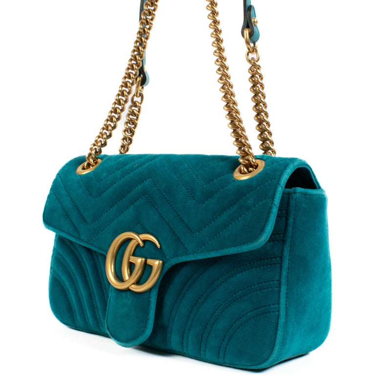 Gucci Pavone Cyan Velvet Small GG Marmont Shoulder Bag