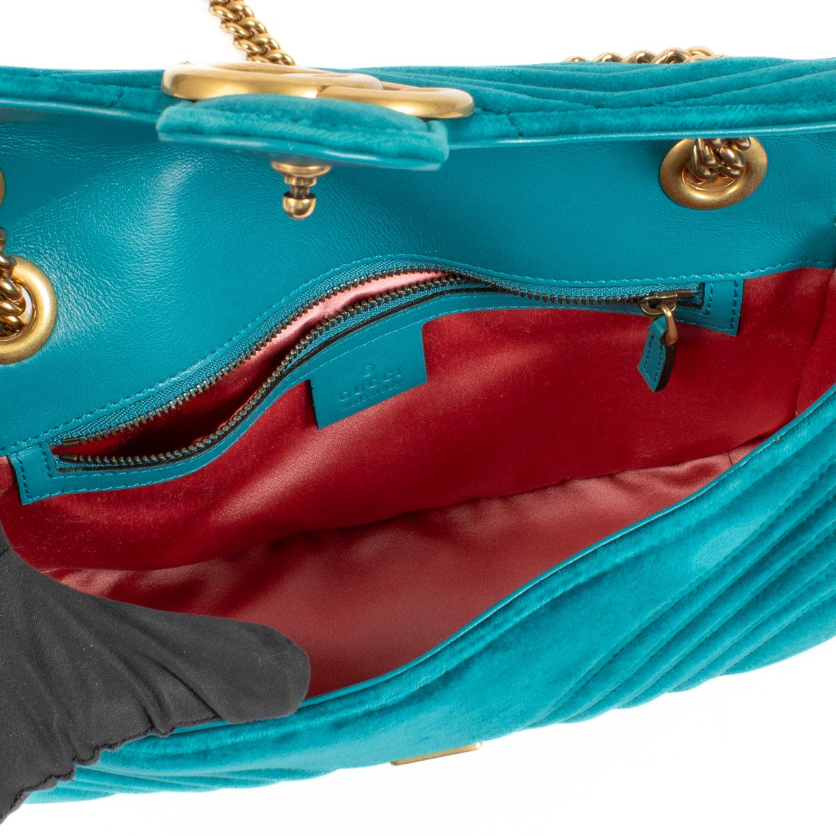 Gucci Pavone Cyan Velvet Small GG Marmont Shoulder Bag