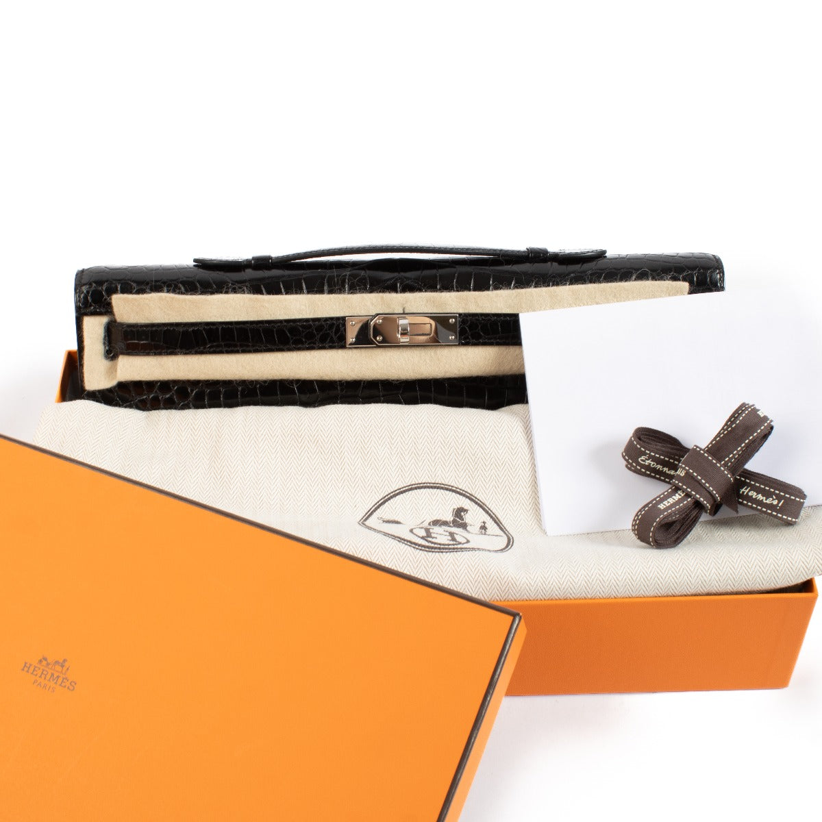 Hermès Kelly Cut Pochette Black Shiny Crocodile Porosus PHW