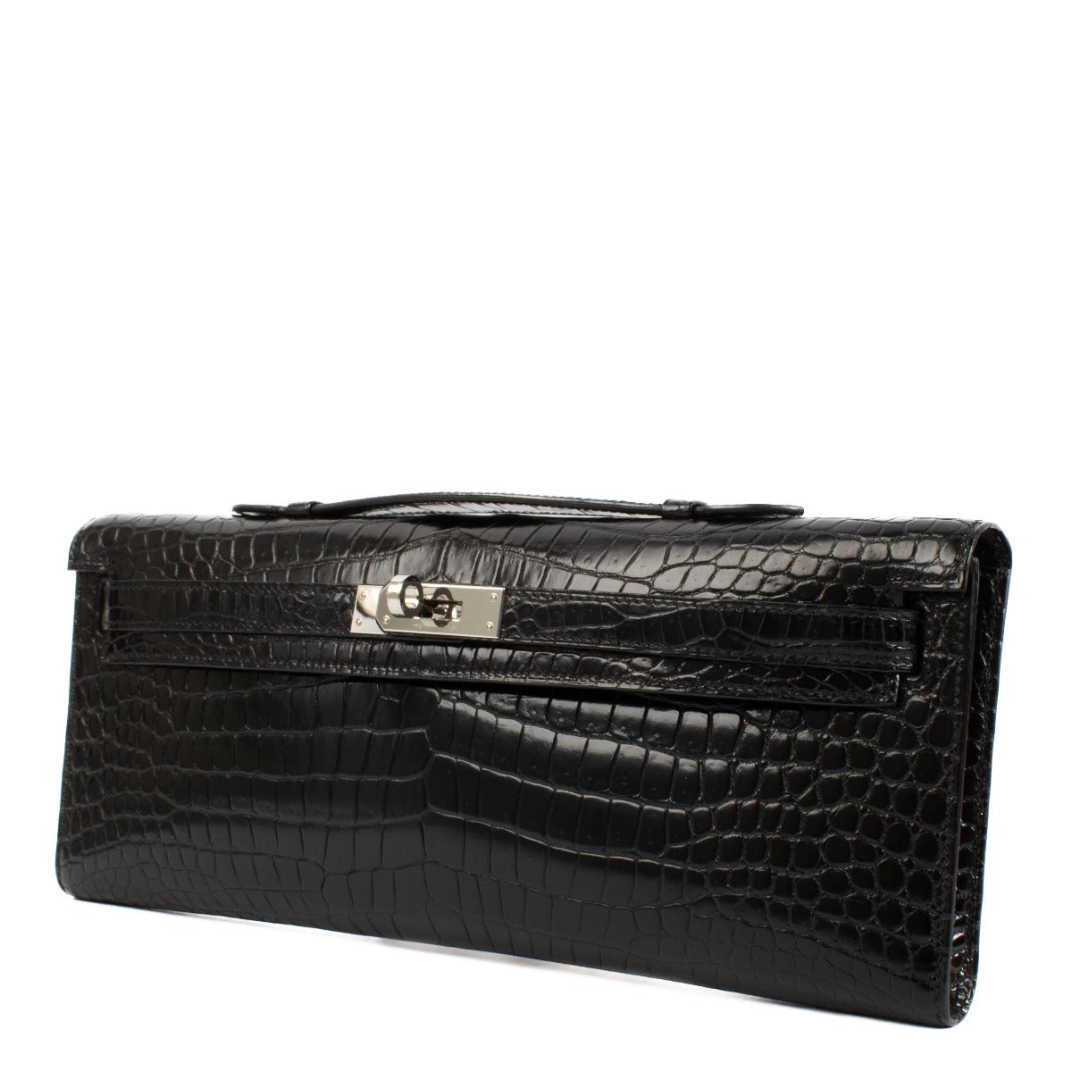 Hermès Kelly Cut Pochette Black Shiny Crocodile Porosus PHW