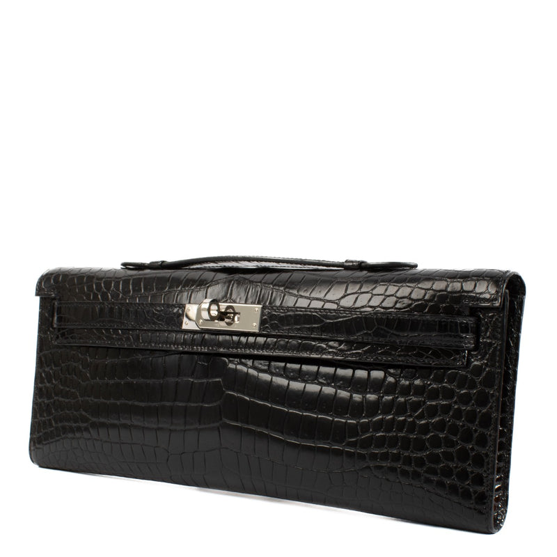 Hermès Kelly Cut Pochette Black Shiny Crocodile Porosus PHW