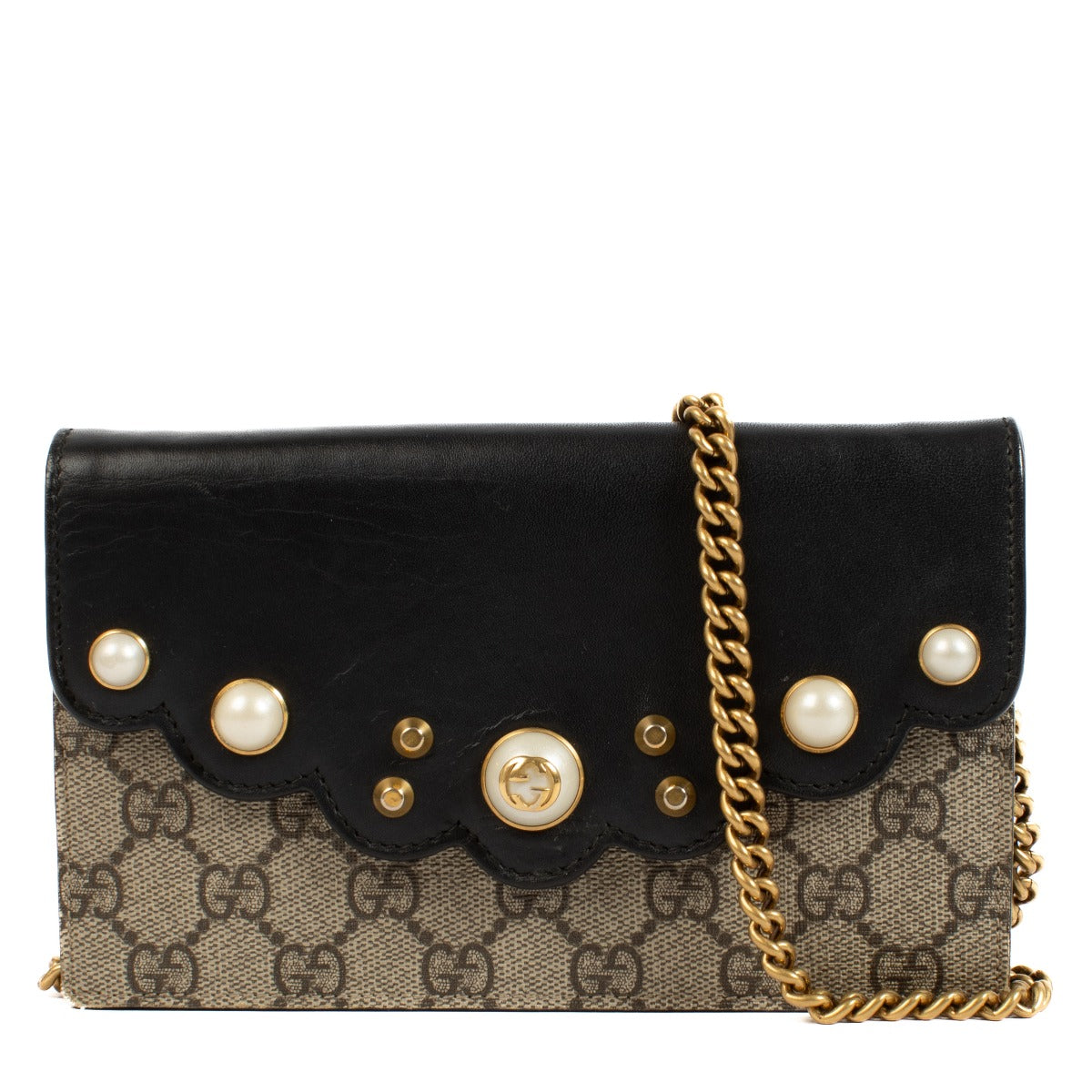 buy 100% authentic pre loved Gucci Supreme Pearl Studded Monogram Wallet on Chain on Labellov.com