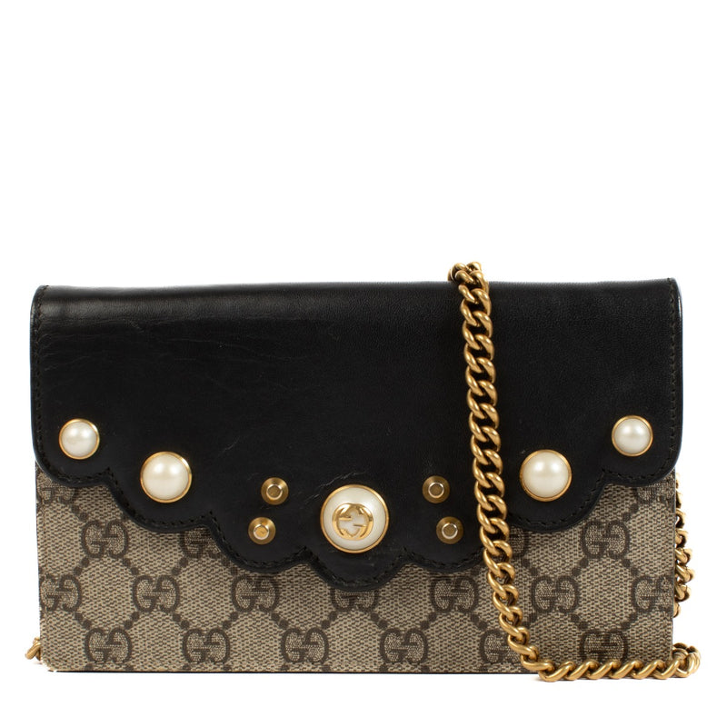 buy 100% authentic pre loved Gucci Supreme Pearl Studded Monogram Wallet on Chain on Labellov.com