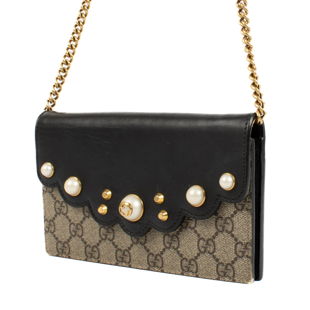 buy 100% authentic pre loved Gucci Supreme Pearl Studded Monogram Wallet on Chain on Labellov.com