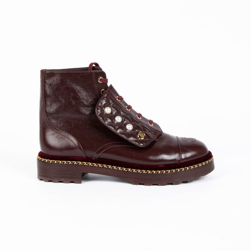 Authentic pre-loved Chanel Burgundy Biker Boots - Size 40.5 on Labellov.com