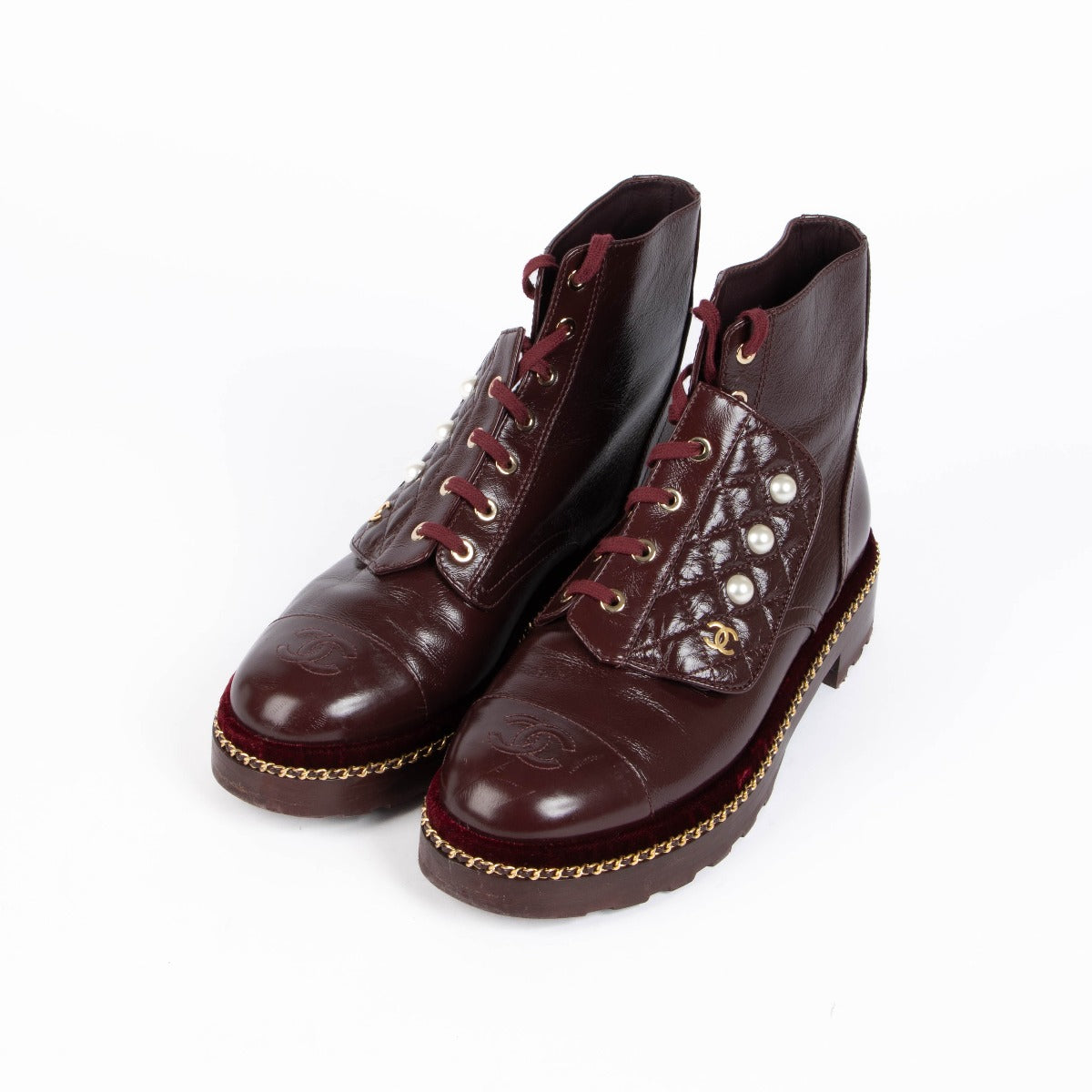 Authentic pre-loved Chanel Burgundy Biker Boots - Size 40.5 on Labellov.com