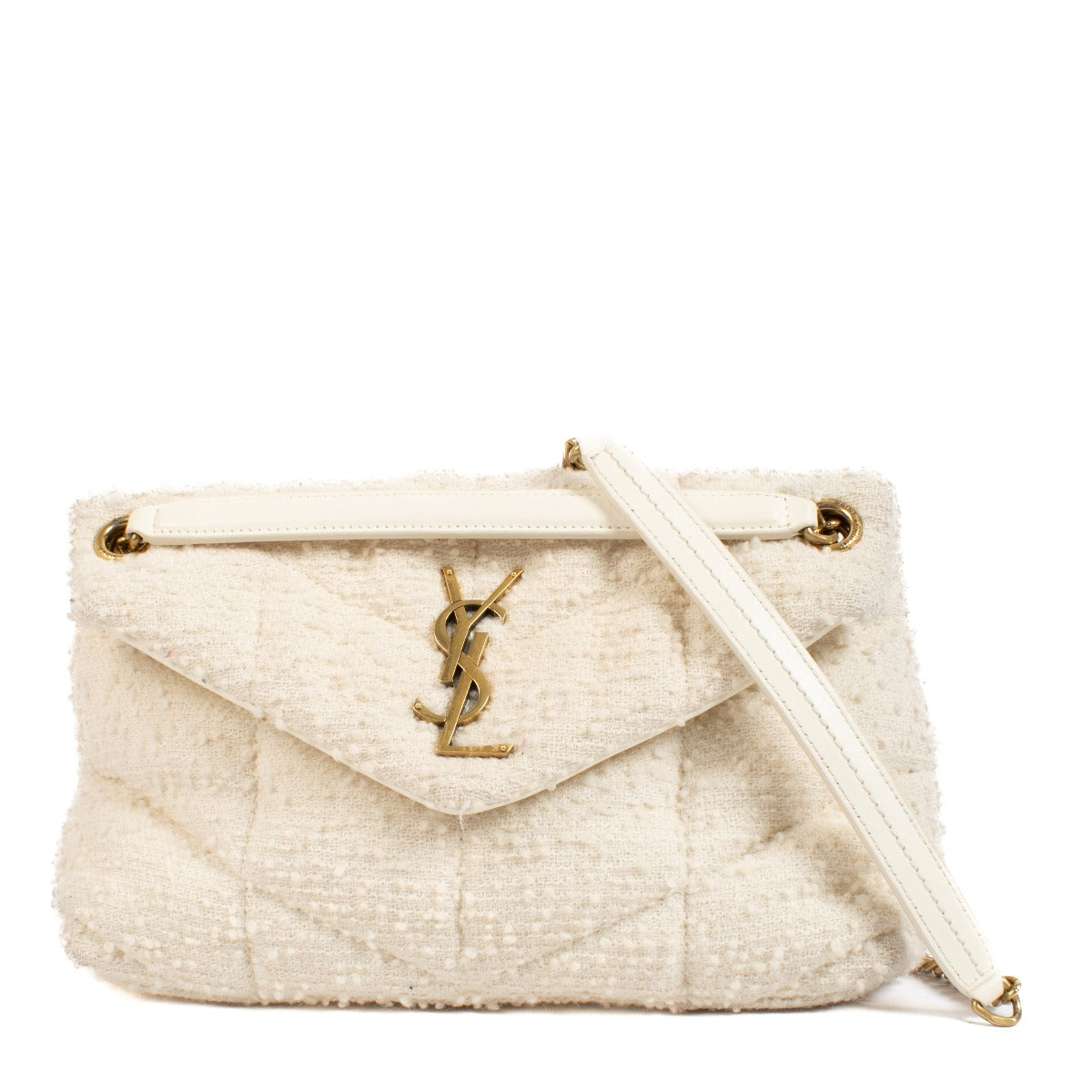 Saint Laurent White Tweed Puffer Small Bag