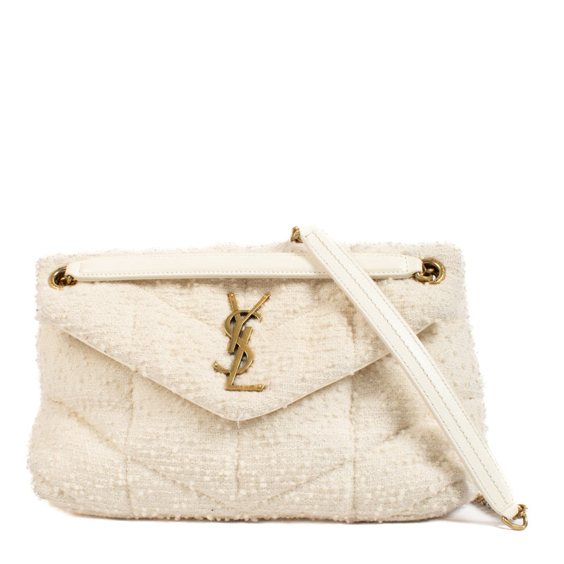 Saint Laurent White Tweed Puffer Small Bag