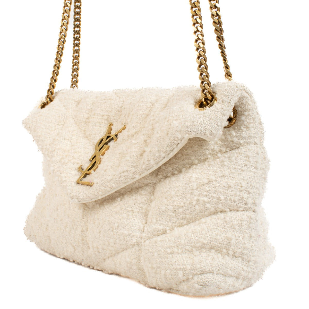 Saint Laurent White Tweed Puffer Small Bag