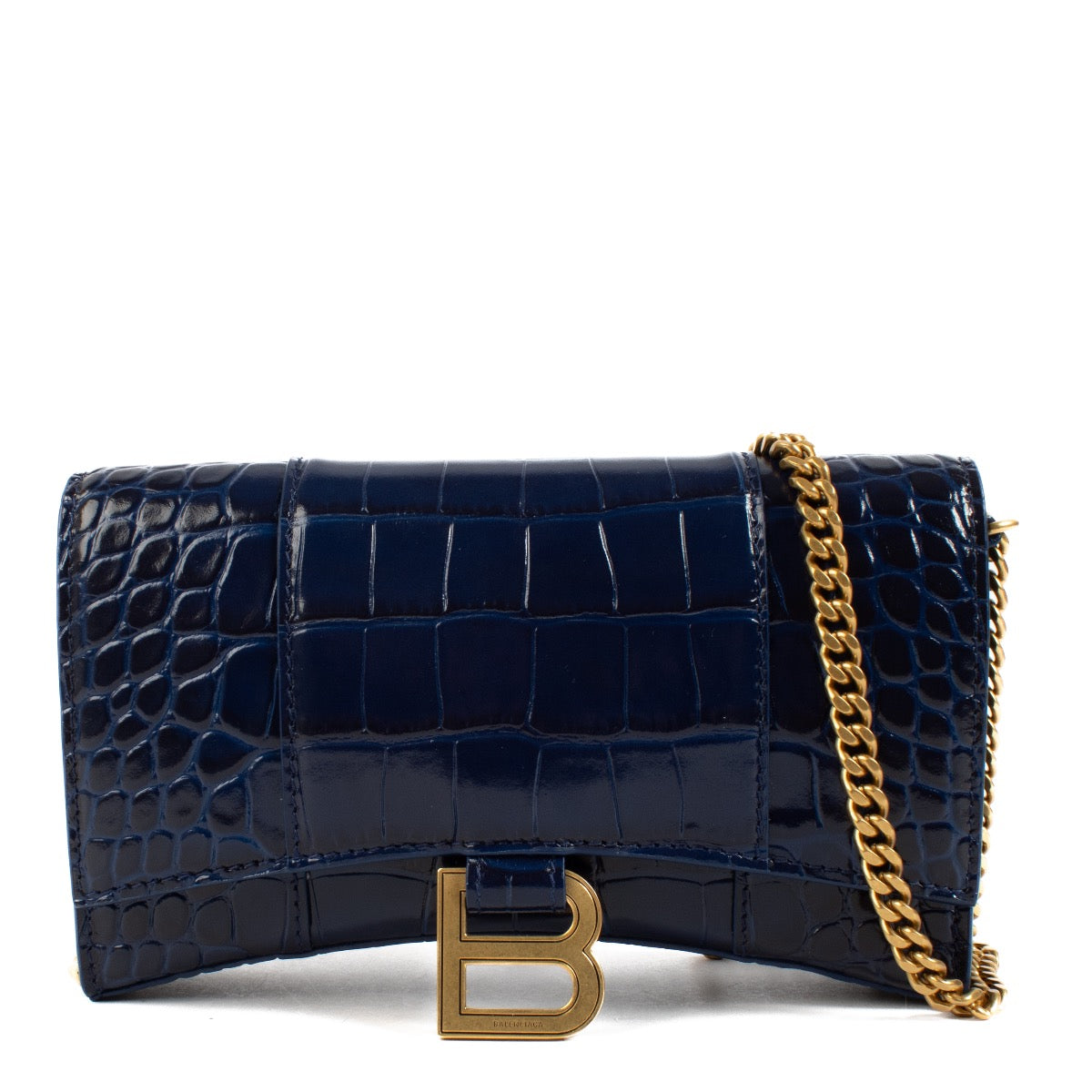 Shop safe online at Labellov in Antwerp, Brussels and Knokke this 100% authentic second hand Balenciaga Blue Croc Embossed Hourglass Chain Wallet.