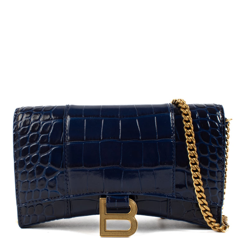 Shop safe online at Labellov in Antwerp, Brussels and Knokke this 100% authentic second hand Balenciaga Blue Croc Embossed Hourglass Chain Wallet.