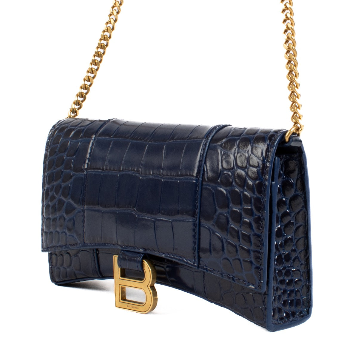 Shop safe online at Labellov in Antwerp, Brussels and Knokke this 100% authentic second hand Balenciaga Blue Croc Embossed Hourglass Chain Wallet.