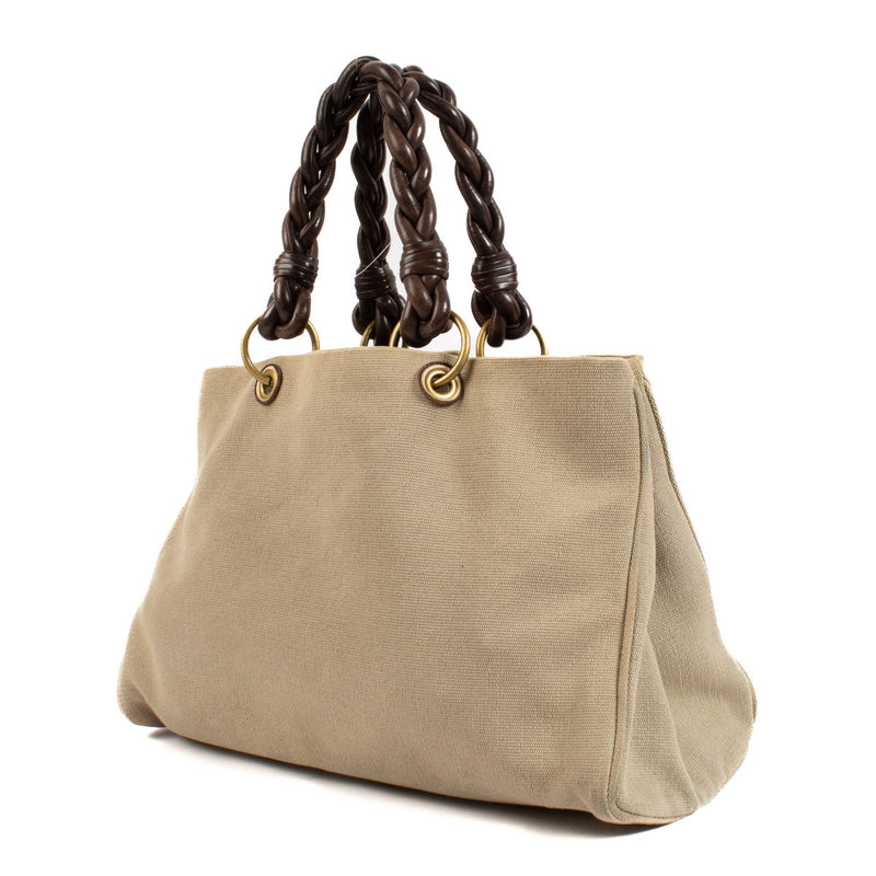 shop 100% authentic second hand Bottega Veneta Beige Woven Canvas Top Handle Bag on Labellov.com