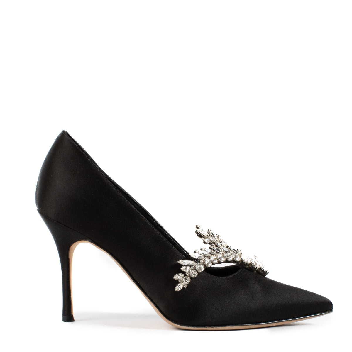 Buy authentic second hand Manolo Blahnik Black Satin Rhinestone Nadira Heels - Size 36,5 at Labellov.com