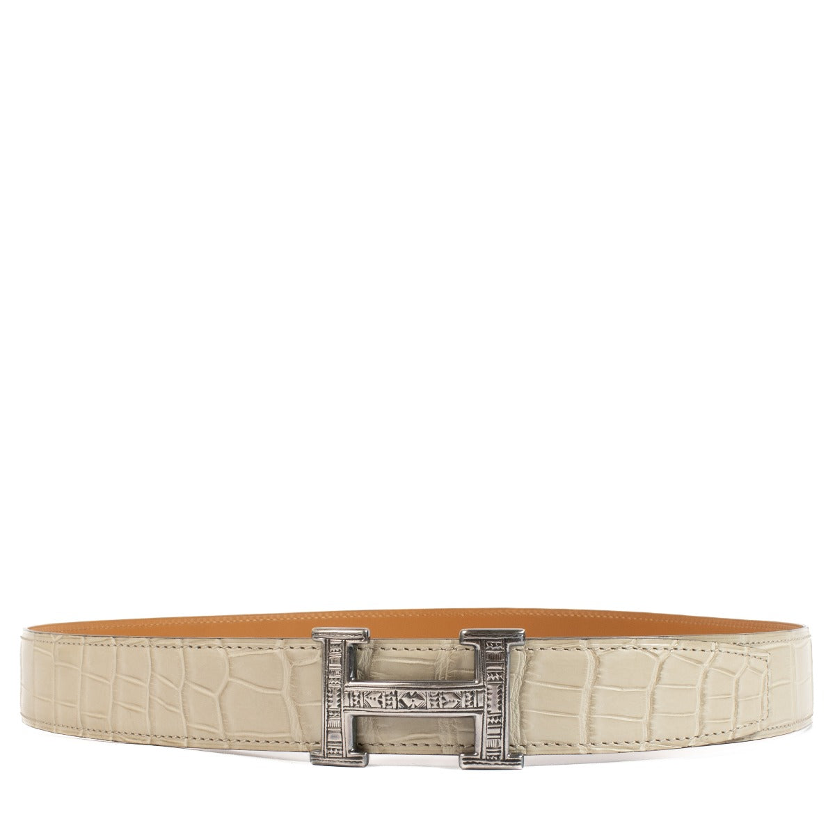 Hermès Craie Matte Alligator Sterling Zilver Touareg H Riem - Maat 85