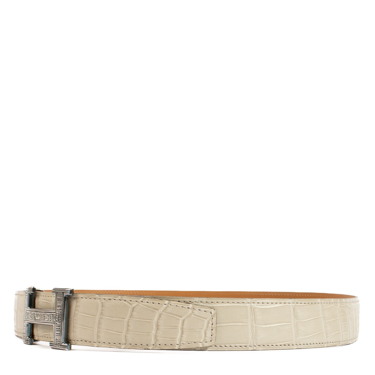 Authentic second hand Hermès Craie Matte Alligator Sterling Silver Duareg H Belt on www.labellov.com