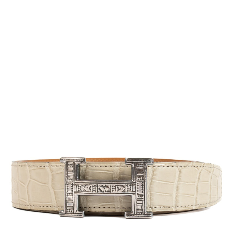 Hermès Craie Matte Alligator Sterling Silver Duareg H Belt