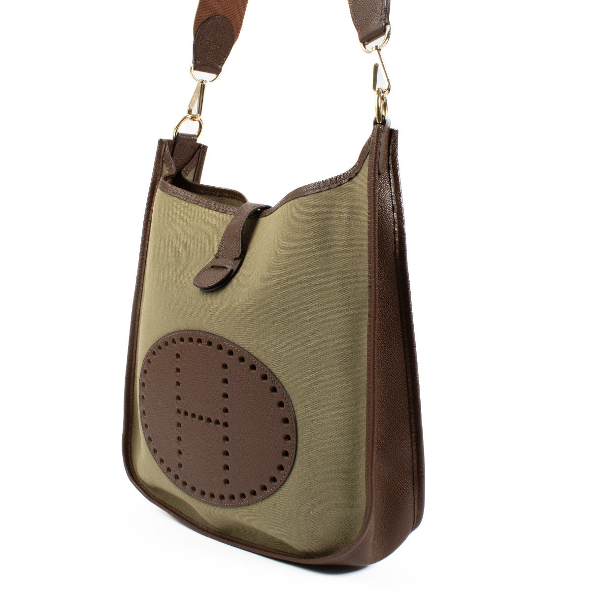 shop 100% authentic second hand Hermès Evelyne 29 Green/Brown Canvas/Epsom GHW on Labellov.com