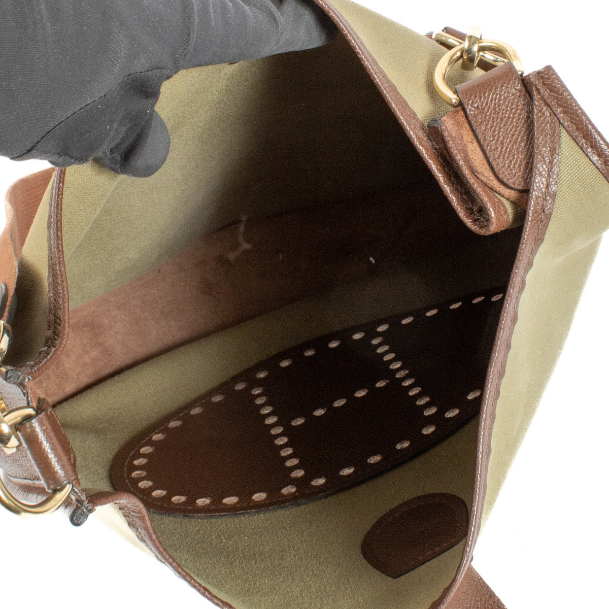 shop 100% authentic second hand Hermès Evelyne 29 Green/Brown Canvas/Epsom GHW on Labellov.com