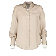 Brunello Cucinelli Beige Silk Satin Embellished Shirt