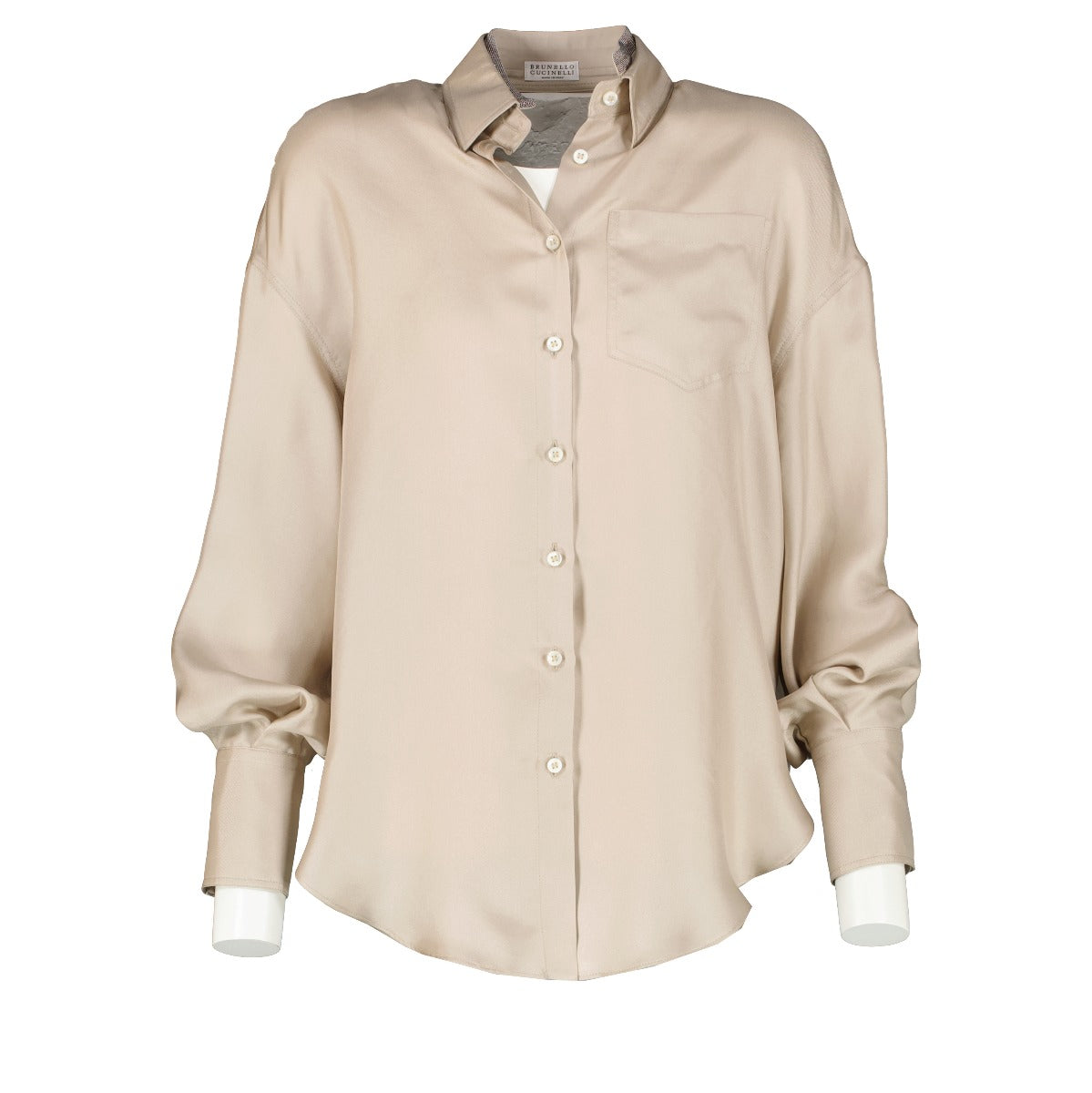 Brunello Cucinelli Beige Silk Satin Embellished Shirt