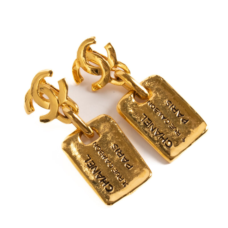 Chanel Vintage 24K Gold Plated 31 Rue Cambon Plate Pendant Earrings