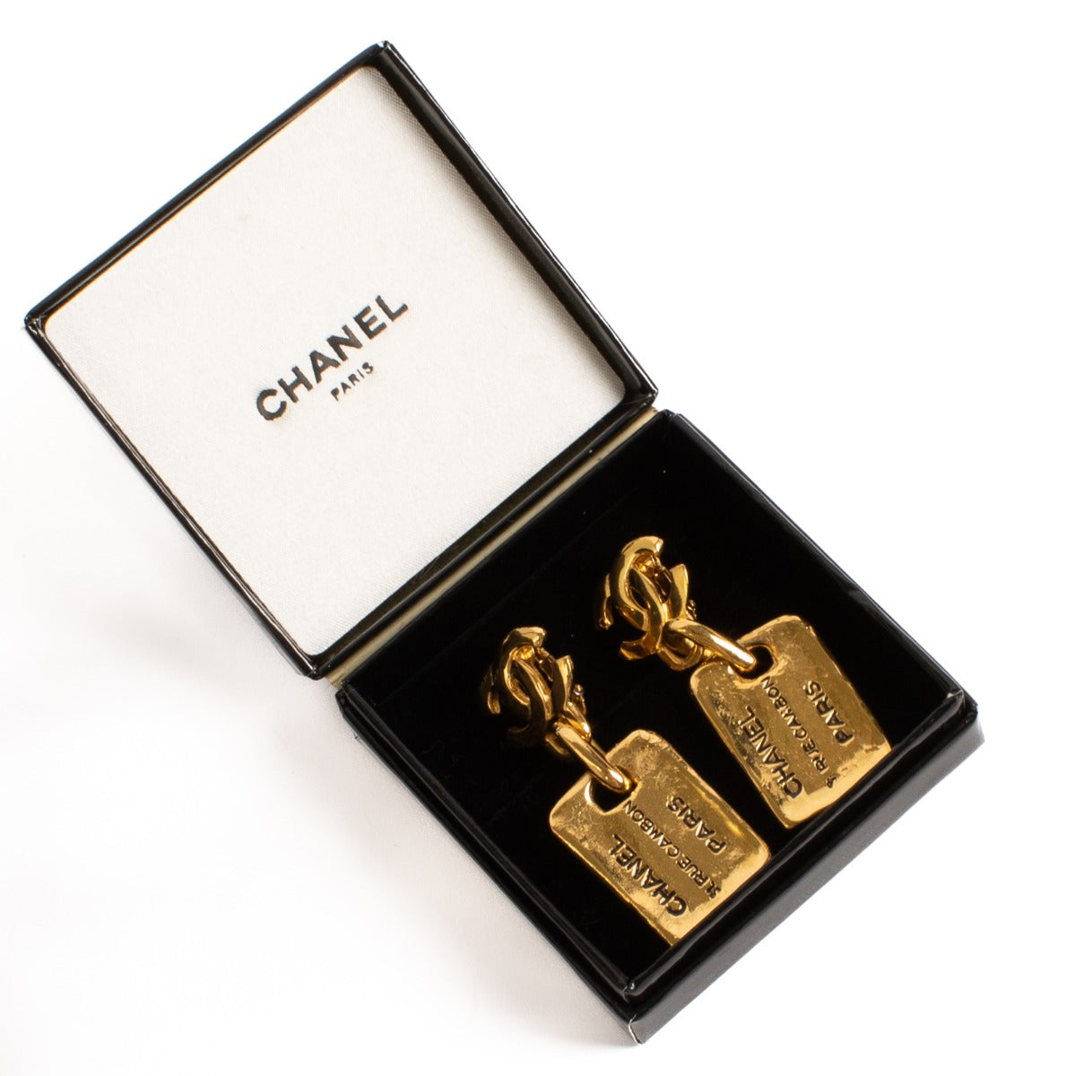 Chanel Vintage 24K Gold Plated 31 Rue Cambon Plate Pendant Clip On Earrings