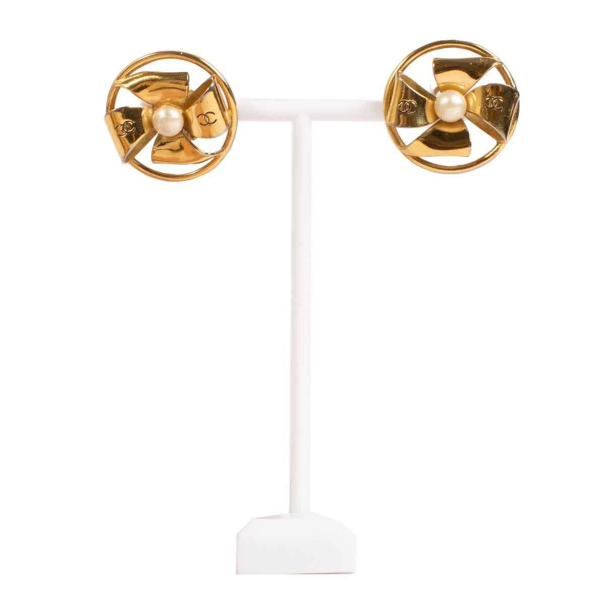 Chanel Vintage 24K Vergulde Windmolen Parel Clip On Oorbellen