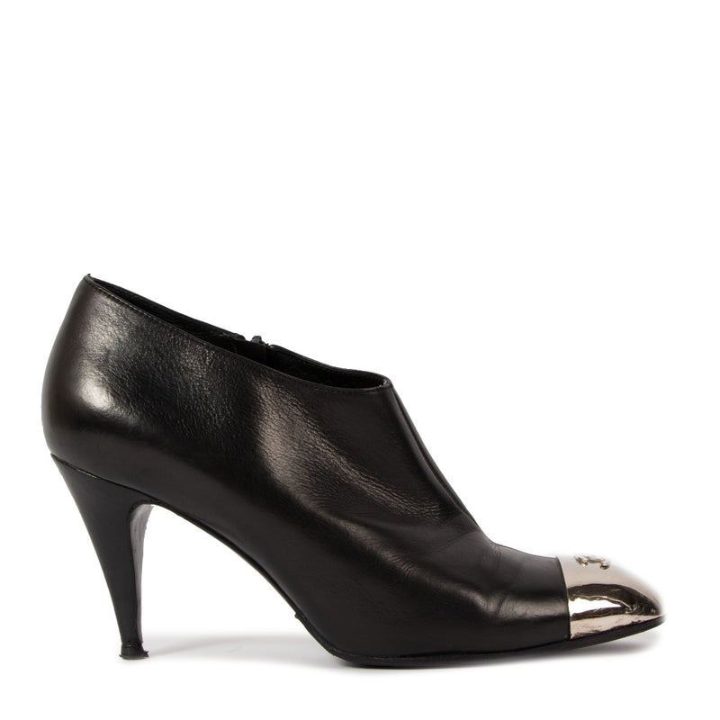 Chanel Black Metal CC Cap Toe Ankle Boots - size 38.5