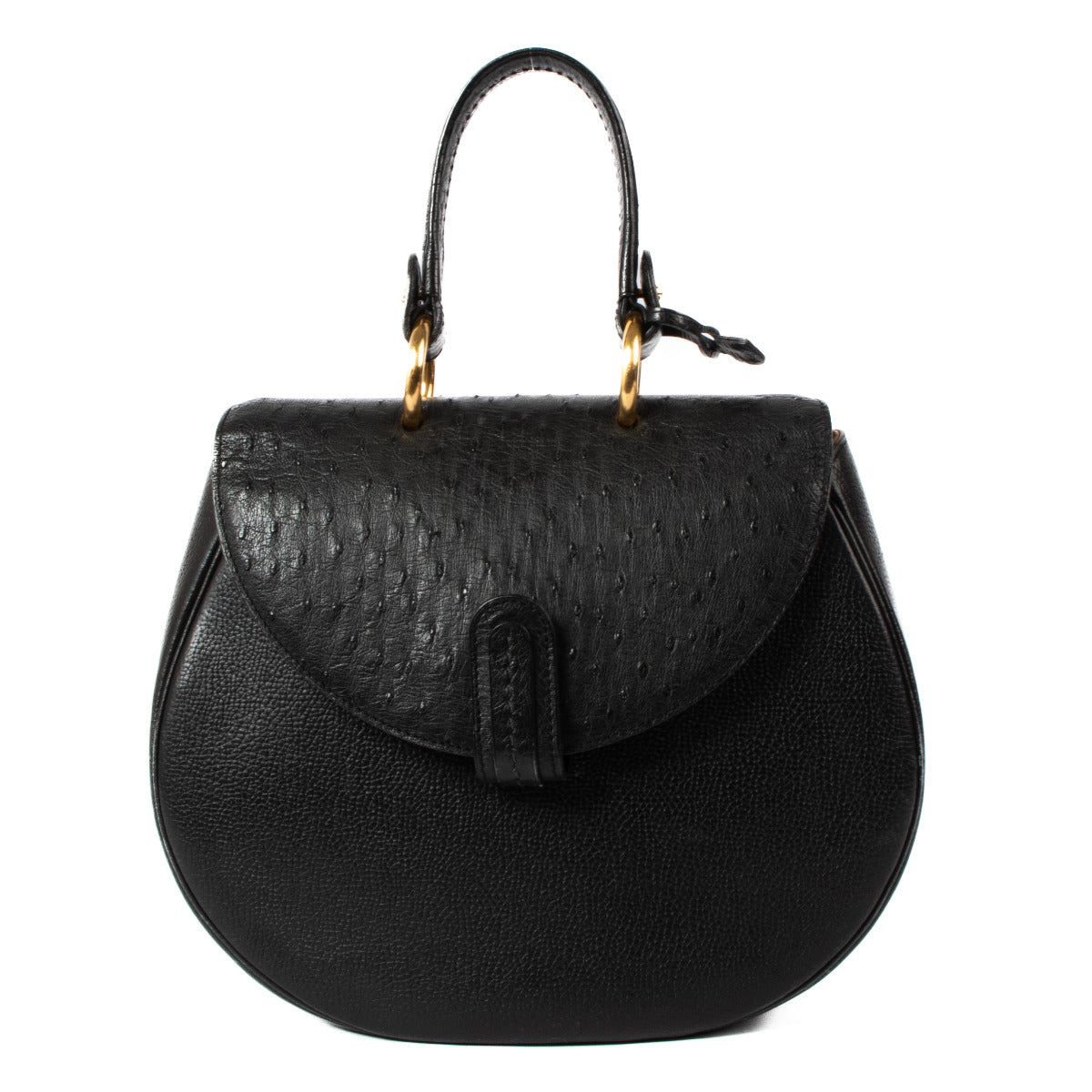 Sac Delvaux en autruche noire avec poignée supérieure