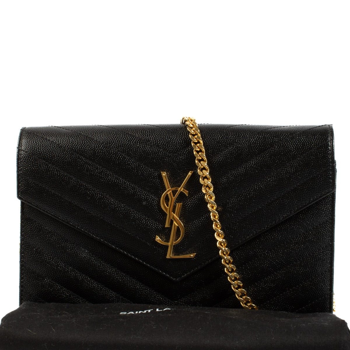 Saint Laurent Black Cassandre Chain Wallet, featuring a smooth black leather design with the iconic YSL logo. Buy now on Labellov.com.