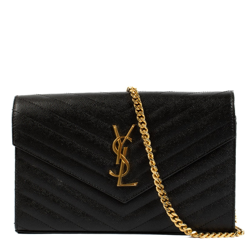 Saint Laurent Black Cassandre Chain Wallet, featuring a smooth black leather design with the iconic YSL logo. Buy now on Labellov.com.