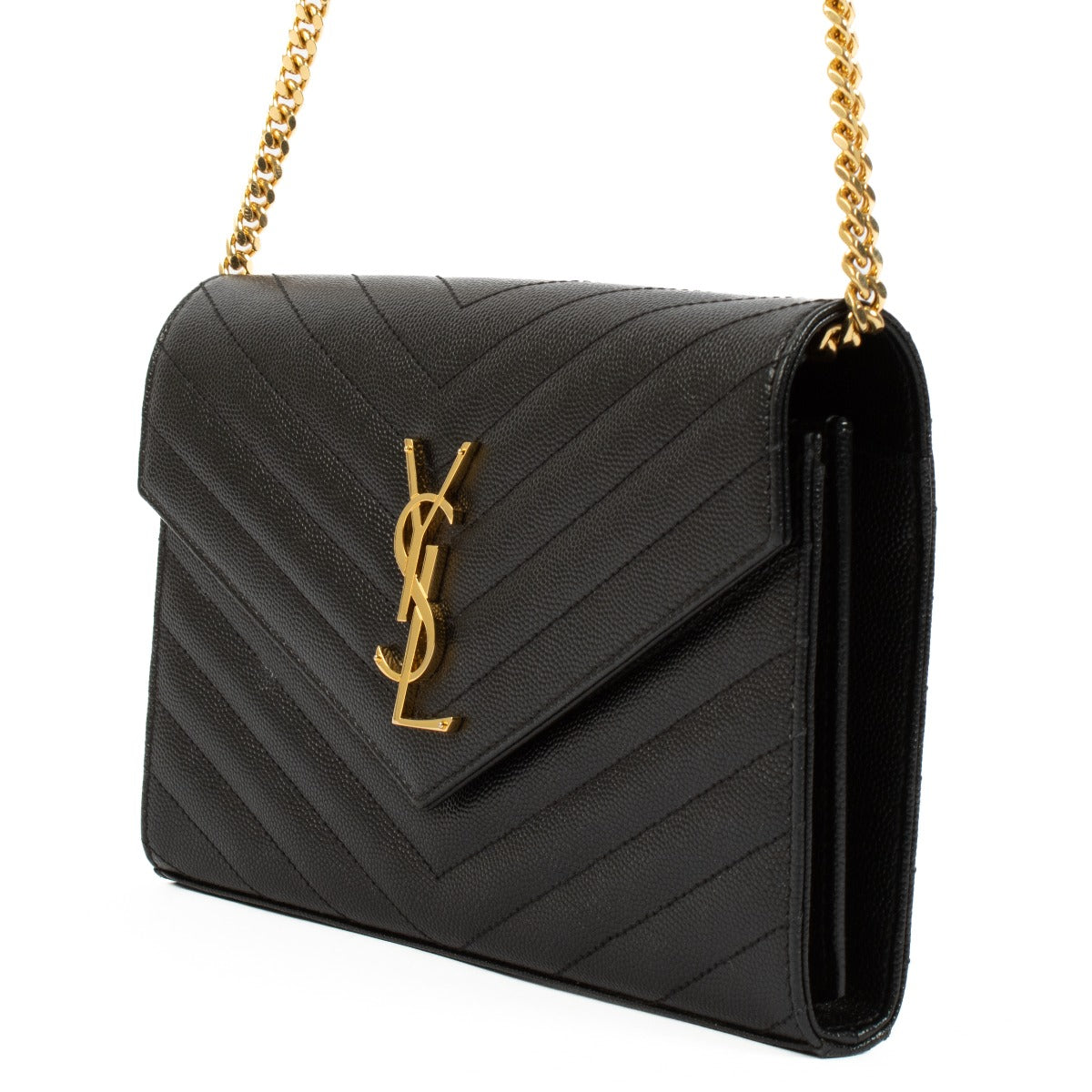 Saint Laurent Black Cassandre Chain Wallet, featuring a smooth black leather design with the iconic YSL logo. Buy now on Labellov.com.