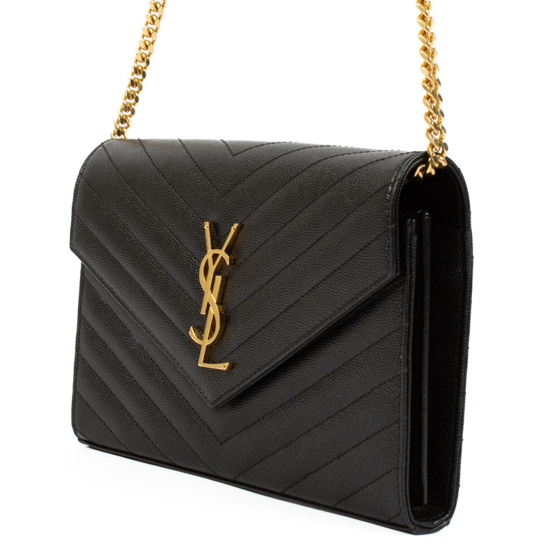 Saint Laurent Black Cassandre Chain Wallet, featuring a smooth black leather design with the iconic YSL logo. Buy now on Labellov.com.